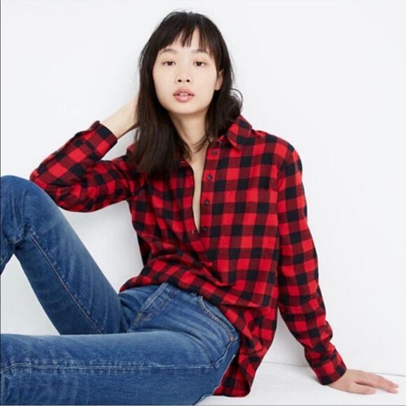 Madewell Women's plaid flannel high-low hem button down shirt, Size S - Picture 6 of 10